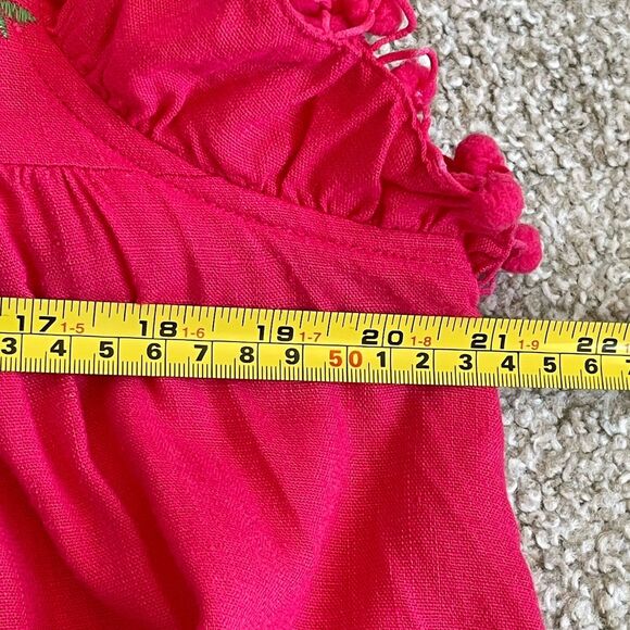 Umgee Floral Embroidered Boho Linen Blend A-line Dress Pom Pom Trim Pink - Small - Picture 11 of 12